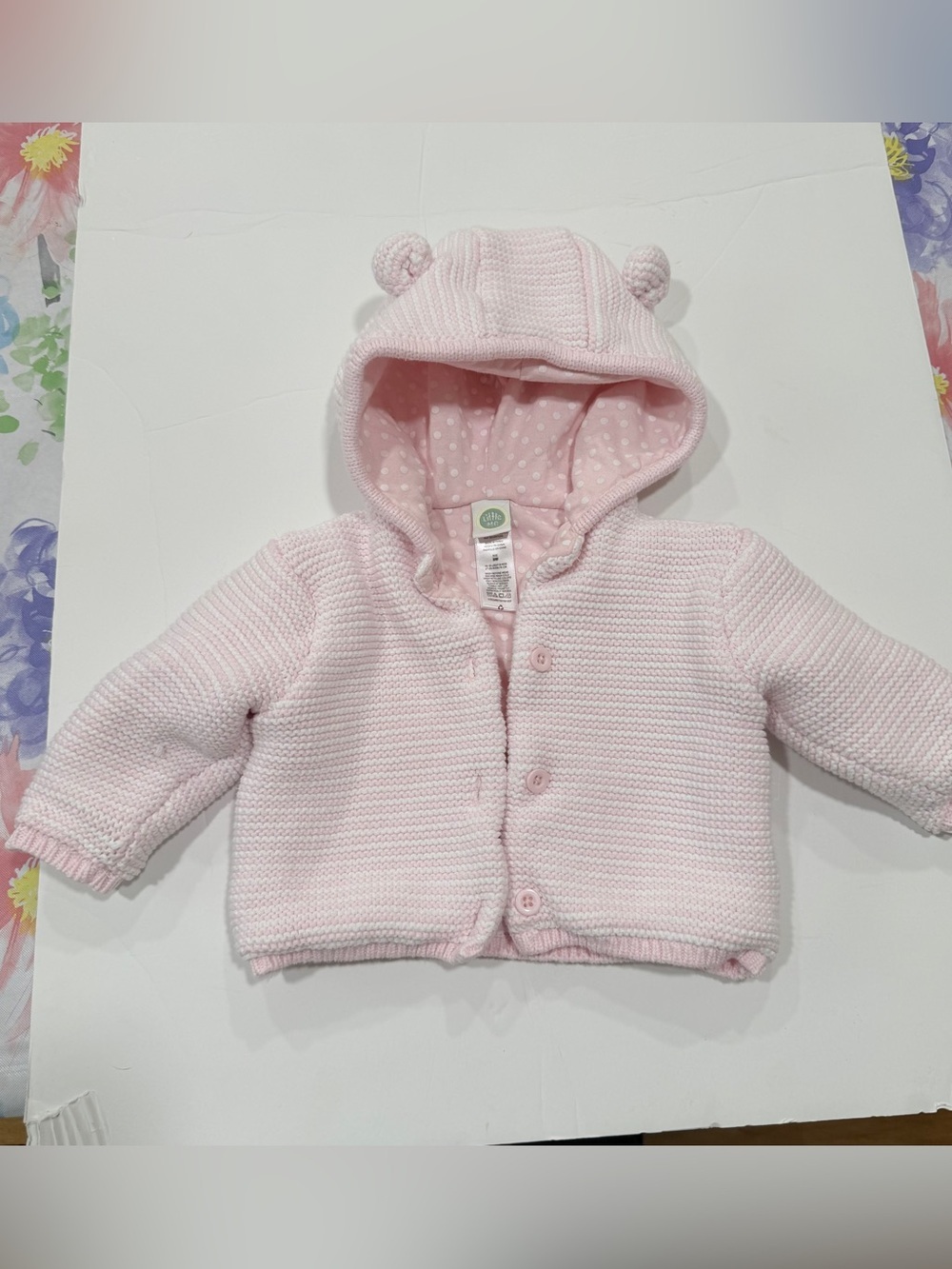 Little me size 6-9 month button up pink and white sweater with hood 100% cotton